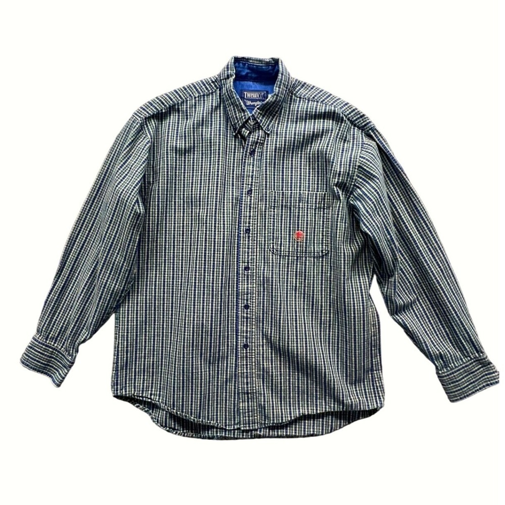 Vintage TwentyX by Wrangler Mens L Plaid Button Down Shirt Blue Green Large 16.5